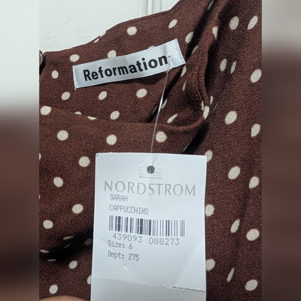 NWT Reformation Sarah Mini Dress brown White polka dot print Size 6 Cappuccino - Picture 4 of 5